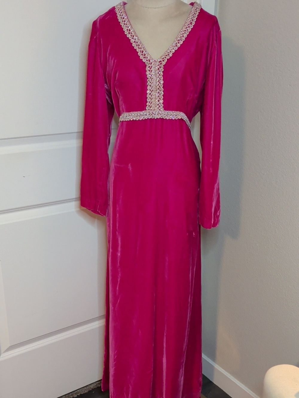 Vintage 70s Hot Pink Velvet Maxi Dress Silver Trim w/ Crystals Renaissance Sz M